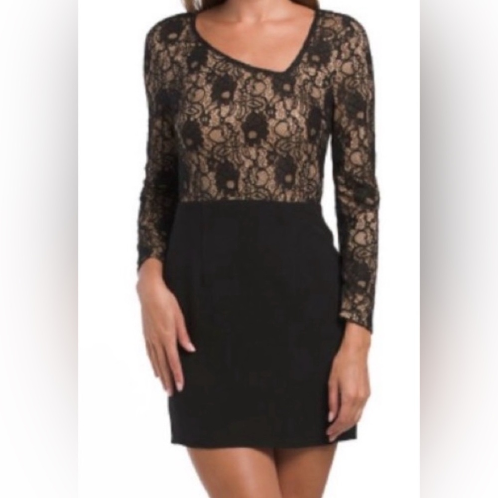 Dress The Population Black Lace Asymmetrical Neckline Chante Dress Nwot